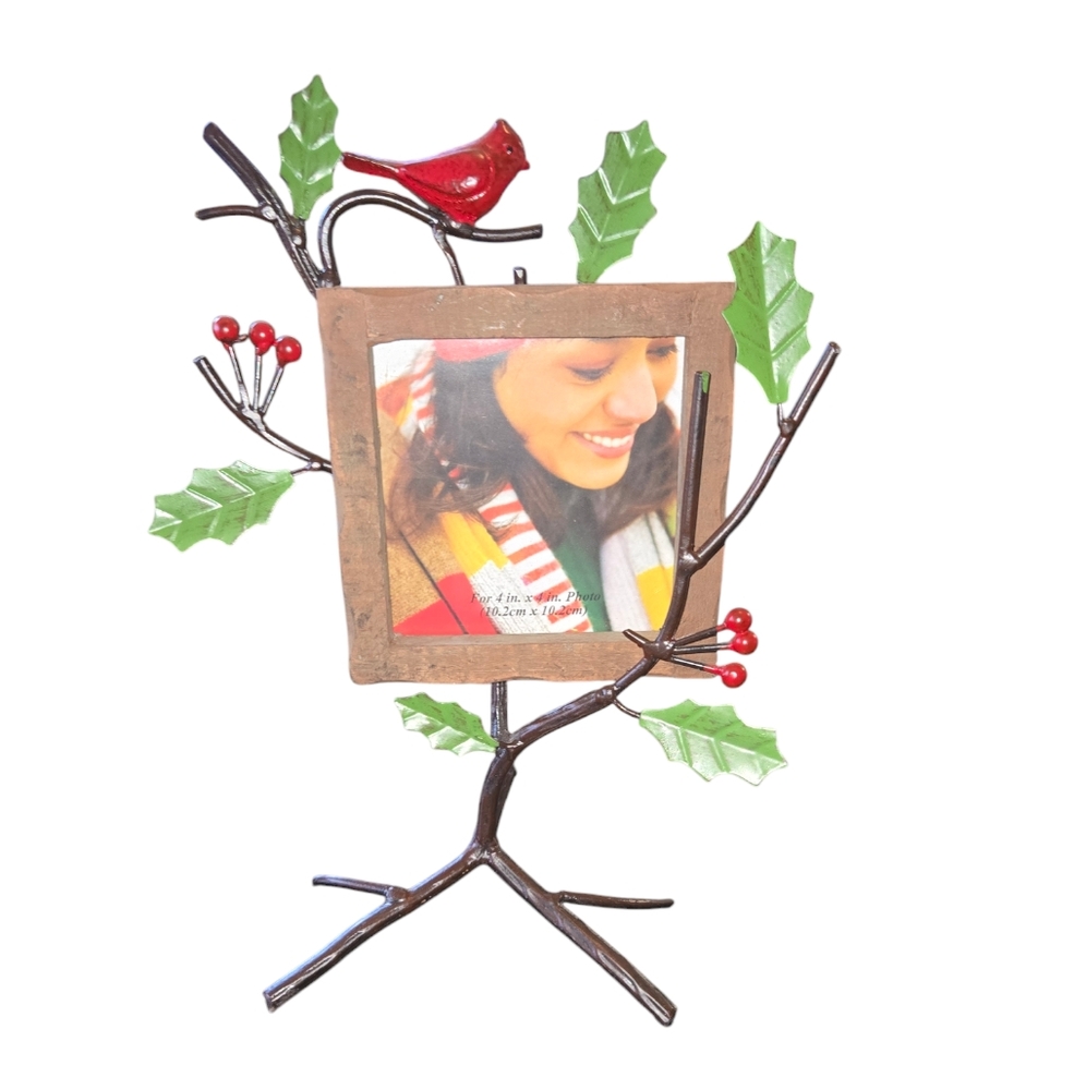 Cracker Barrel Cardinal Red Bird & Holly Hanging‎ 4X4 Frame & Stand 11"X9"